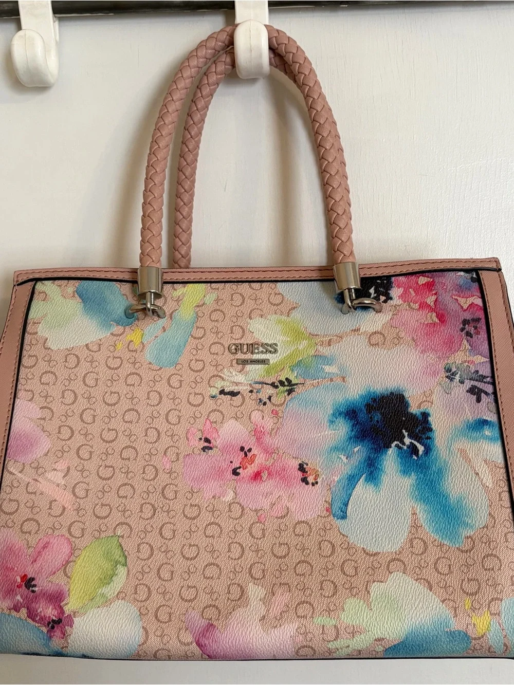 GUESS Pink Floral Logo Tote with Braided Handles